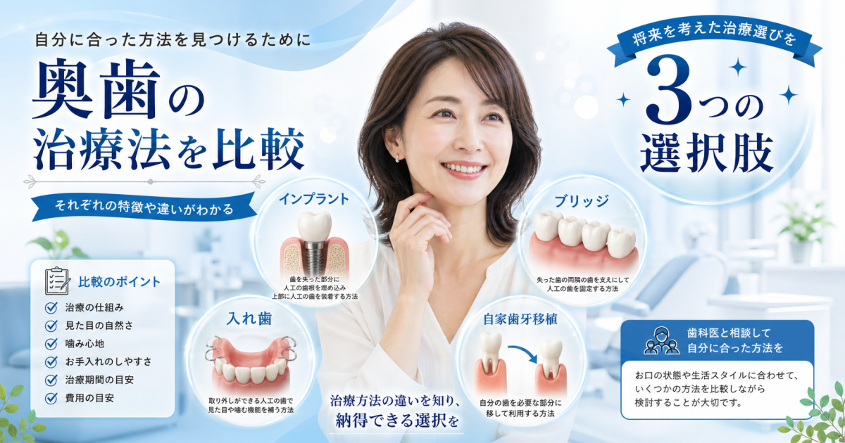 奥歯を失った40代女性へ｜削るリスクと通院回数で選ぶ3つの治療法