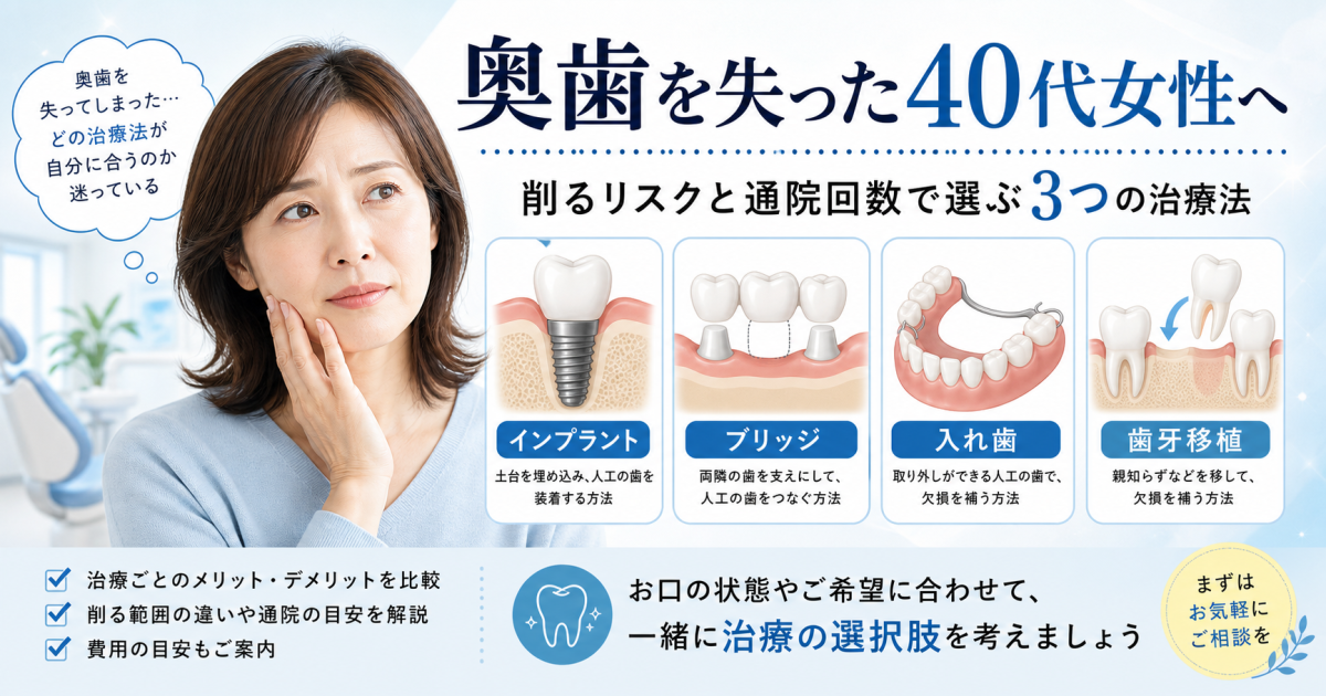奥歯を失った40代女性へ｜削るリスクと通院回数で選ぶ3つの治療法