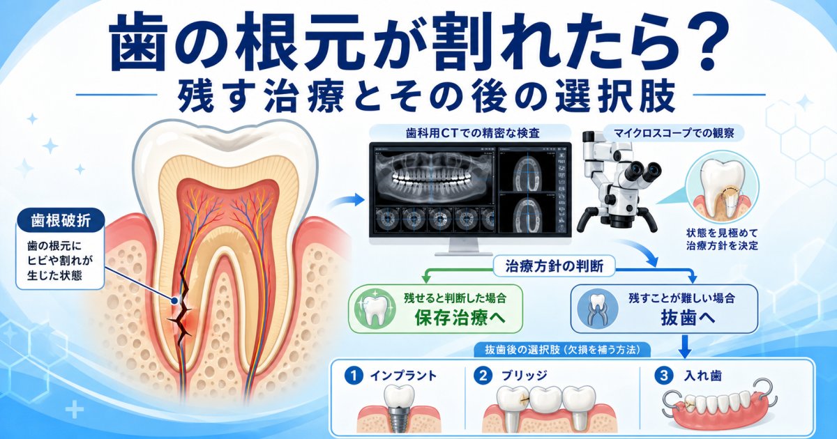 歯の根元が割れたら抜歯？残す方法やその後の治療選択肢を解説
